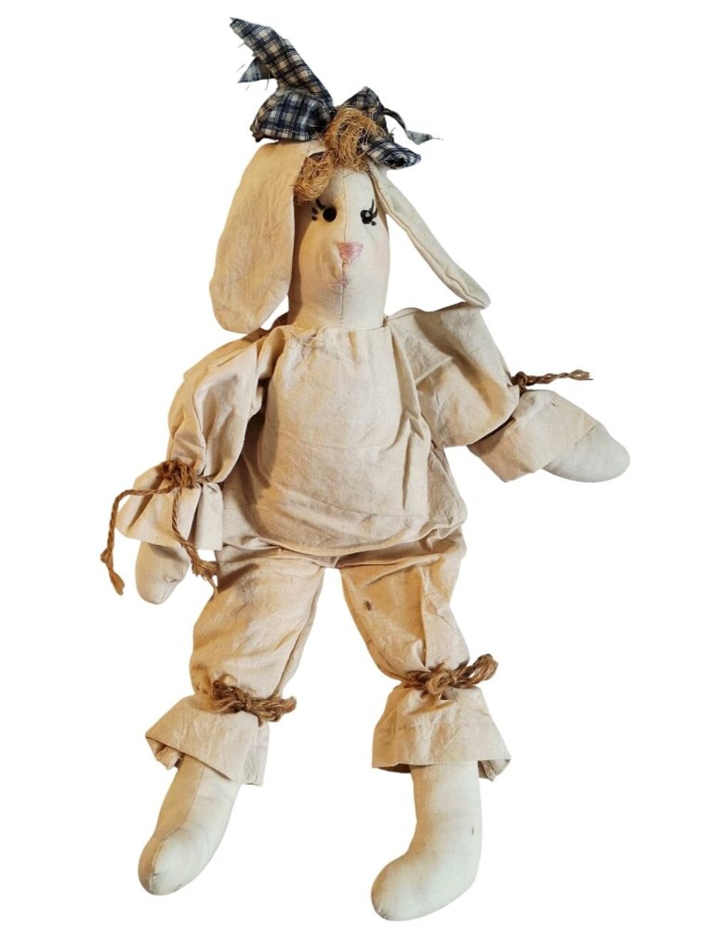 Handcrafted Fabric Bunny Doll With Rustic Bow & Straw Hair - 17 Inches - Primiti